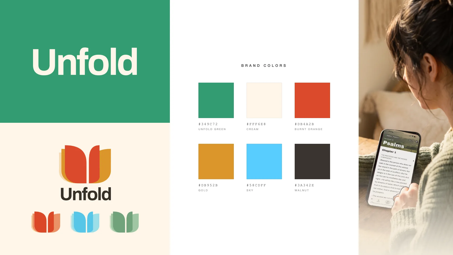 Unfold Bible brand identity: logo, colors, and the people behind it